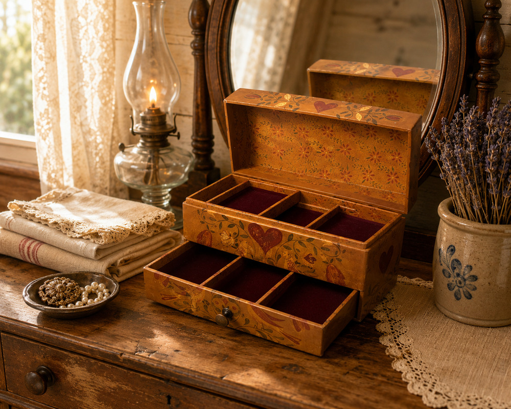 Vtg Bob's Boxes Primitives Antique Treasure Box Ellen Stouffer Cats Jewelry Box